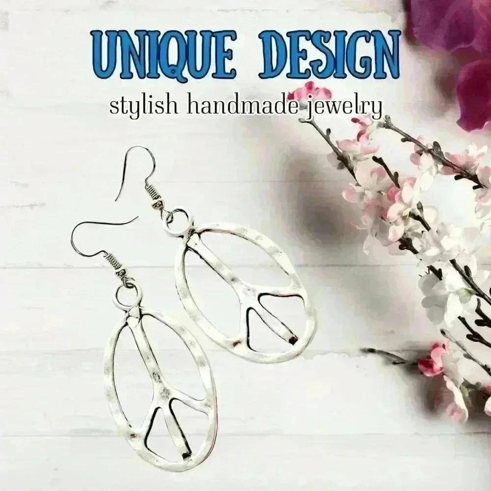 Peace sign hippie earrings hippy accessories silver bohemian retro jewel… - Picture 4 of 9
